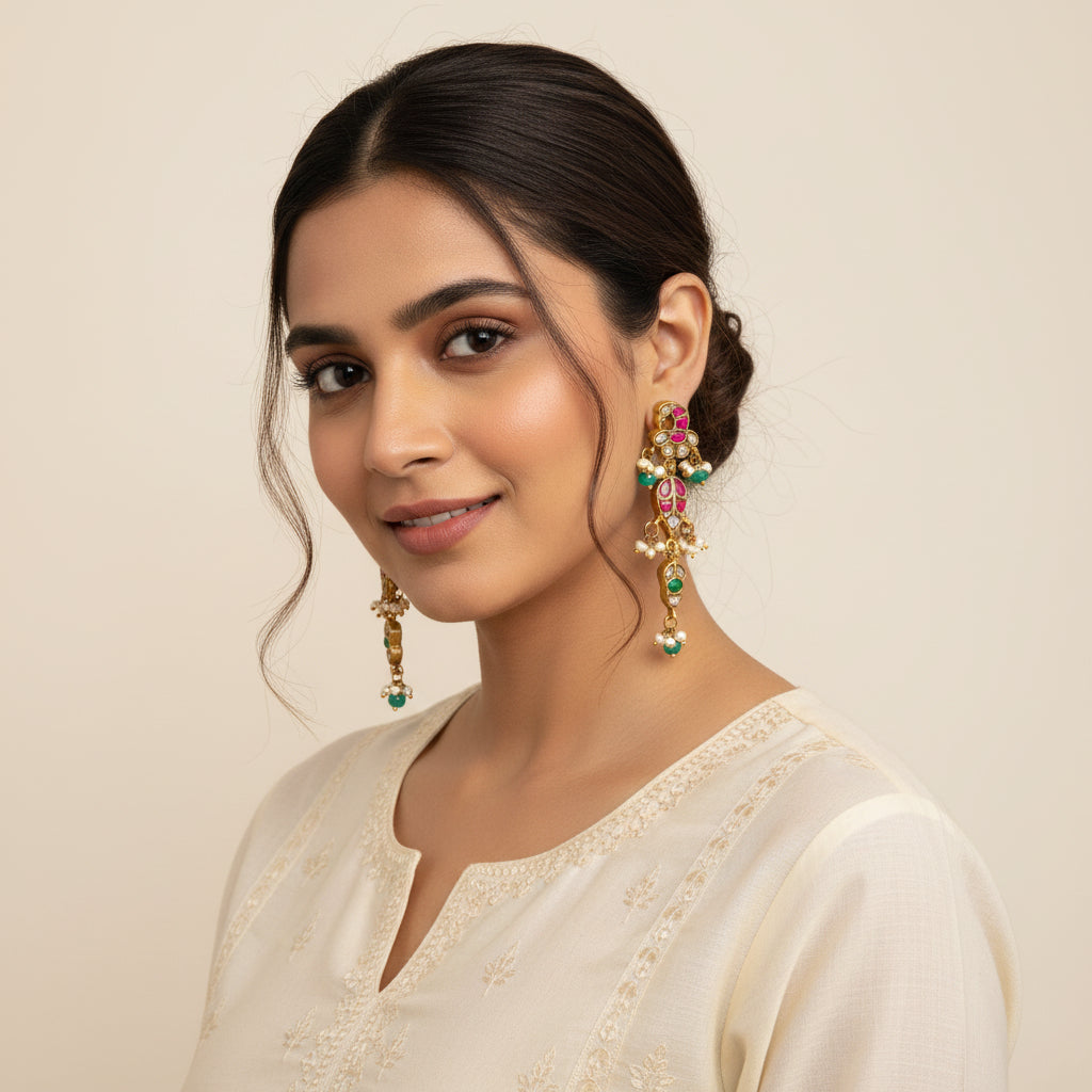 Peacock Drops Kundan Danglers
