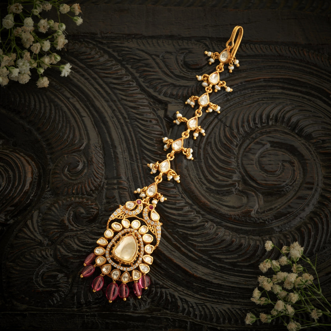 Pink Aura Peacock Moissanite Maang Tikka
