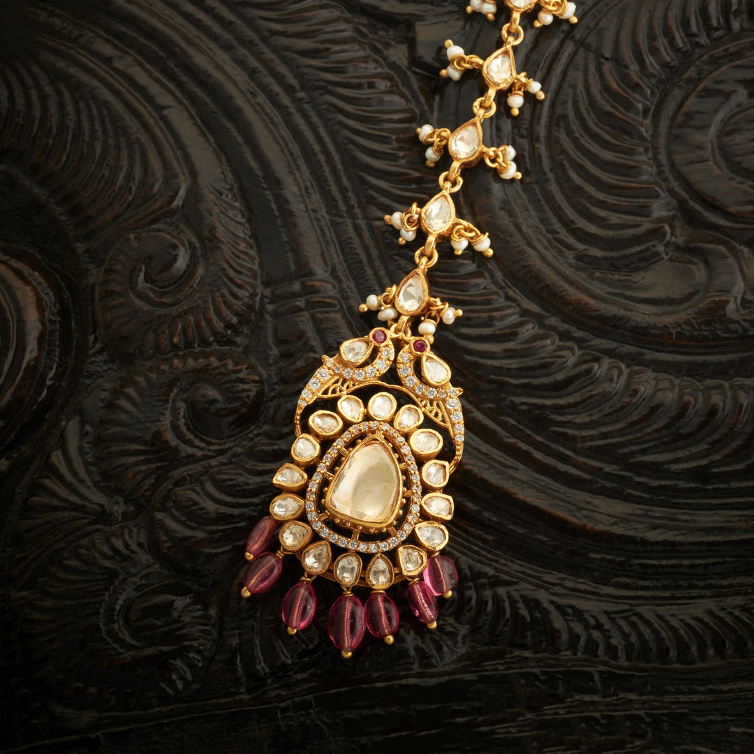 Pink Aura Peacock Moissanite Maang Tikka