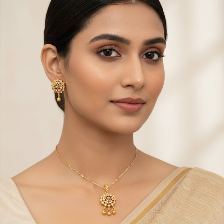 Rosy Bloom Stone Pendant Set