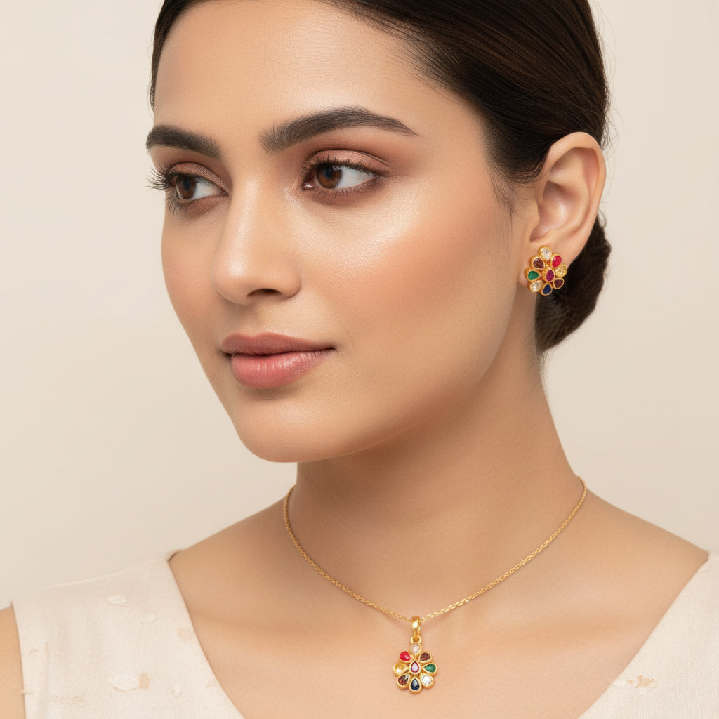 Pear-Navaratna Pendant Set