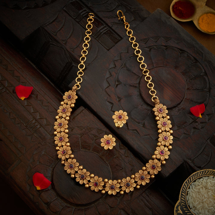 Ruby Flower Dew Necklace Set