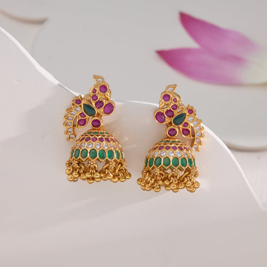 Gulabi-Mor Stone Jhumkis