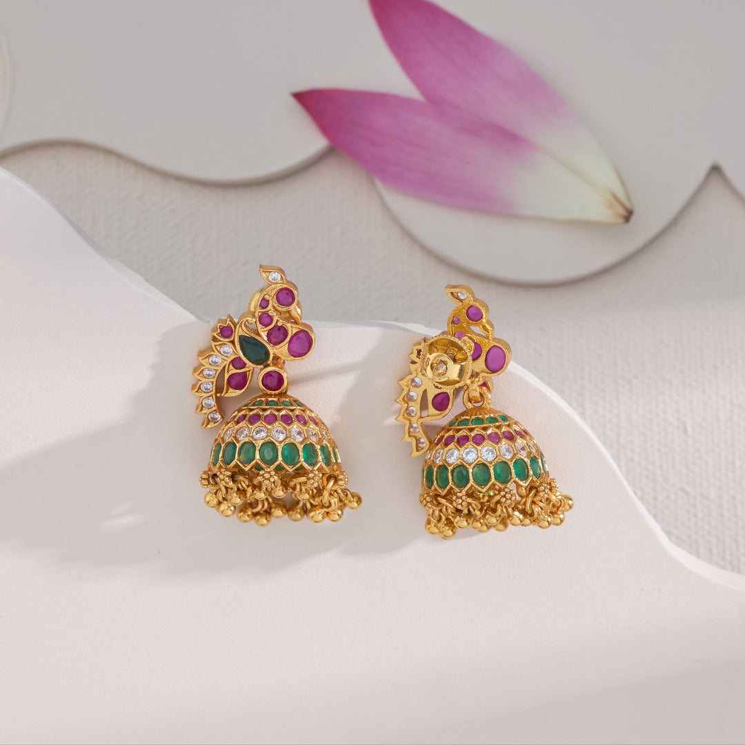 Gulabi-Mor Stone Jhumkis