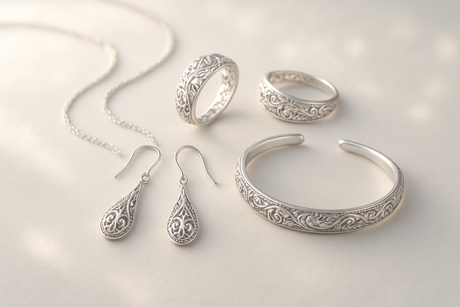 Silver jewellery is a carfted art. Create a beautiful subtle jewellery image that i an use in background. the jewellery should look like real jewellery